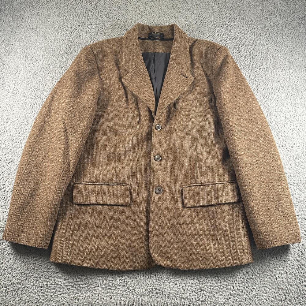 L.L.Bean Blazer Mens 40R Brown Shetland Wool Herringbone Tweed Primaloft